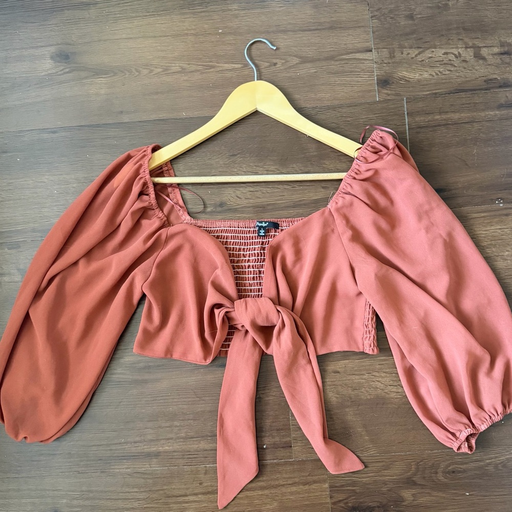 Smocked Tie-Front Puff Sleeve Crop Top - Rust